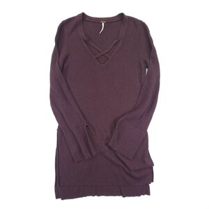 FREE PEOPLE Sweater Womens M Brown Criss Cross Tunic V-neck Long Sleeve Knit